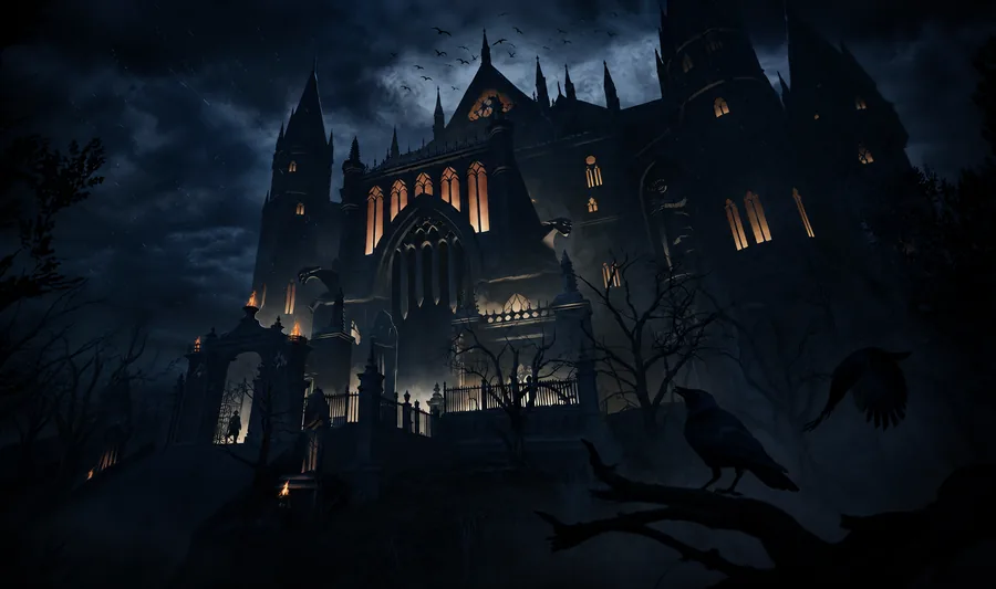 A gothic cathedral with lit windows on a hill at night