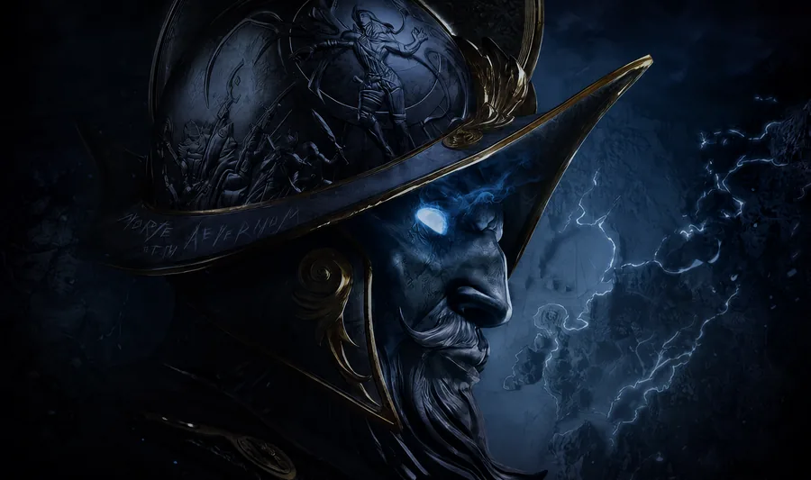 A carved conquistador helmet over a stone face with a glowing eye