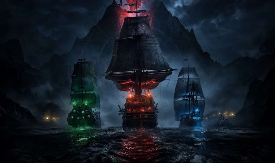 Three galleons lit green, red and blue sailing toward a shattered mountain